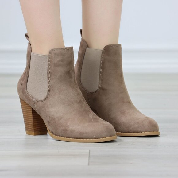 Shoes - Womens Ankle Boots High Heel Tan Elastic Gore Synthetic Suede Round Toe